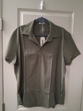 Coofandy Men's NWT Olive Green Cuban Guayabera Short Sleeve Shirt 2XL
